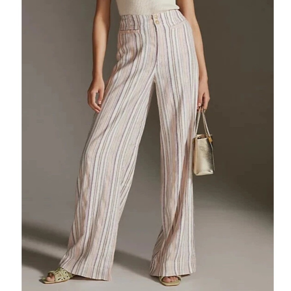 Maeve Pink Striped Wide Leg Linen Blend Pants Women Size 6 Coastal Boho Shimmer